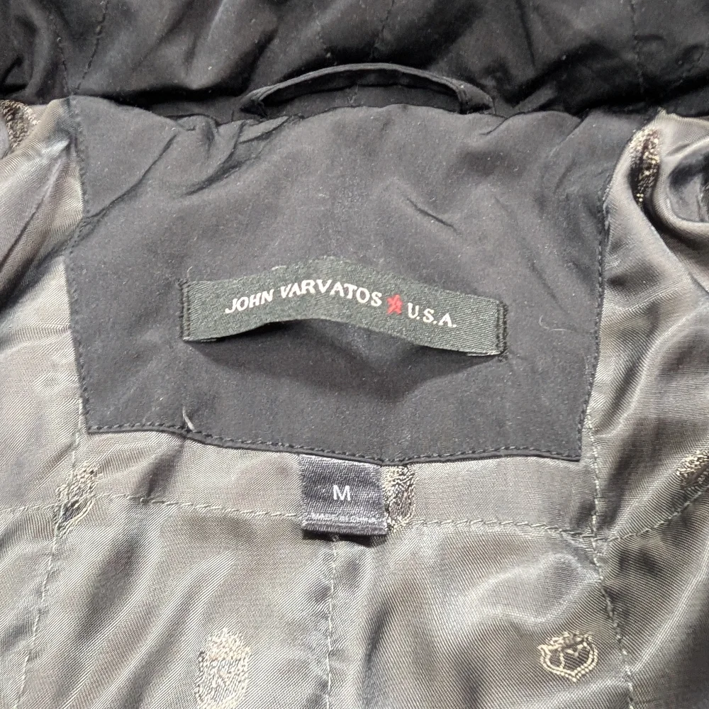 John Varvatos Jacket Mens M Black Quilted Down Puffer Full Zip Hood Moto - Picture 4 of 11